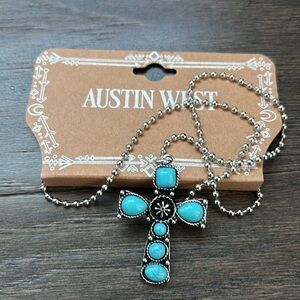 Austin West Cross, Faux Turquoise stones, silver tone ball chain necklace
